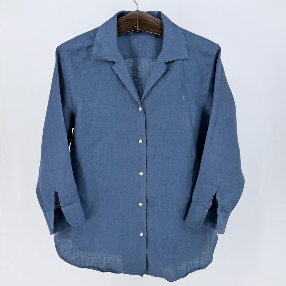 Lauren Ralph Lauren Blue Linen Shirt Women’s L Coastal Grandma Quiet Luxury